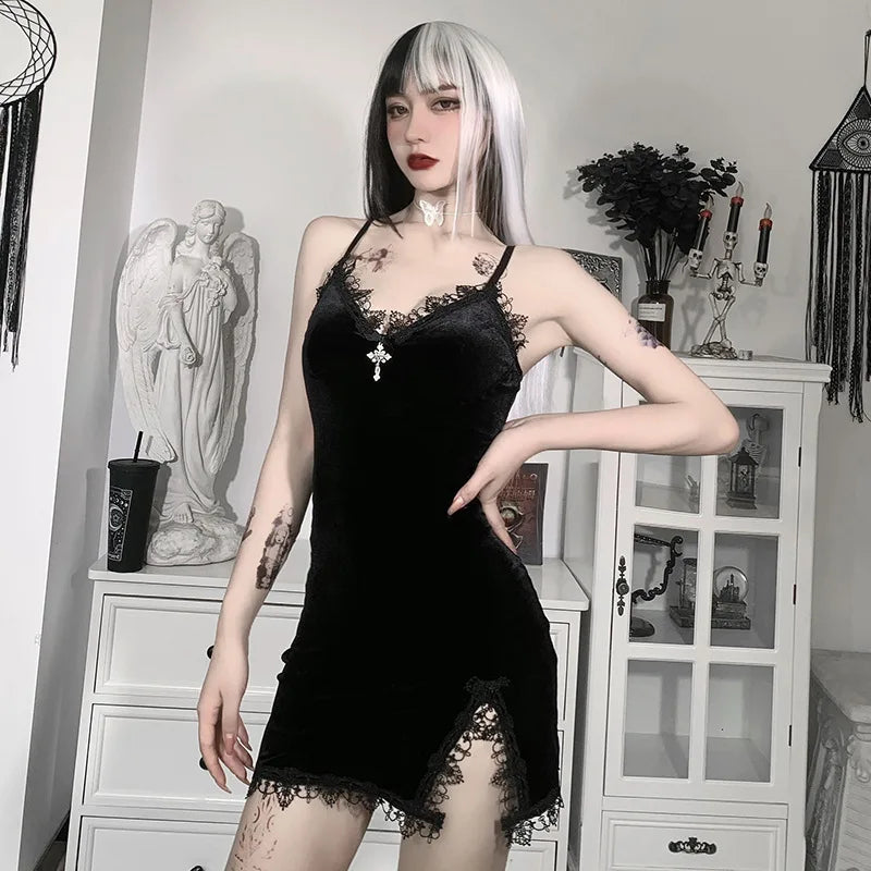 Sexy Black Velvet Gothic Cross Bodycon Mini Dress Clubwear Lingerie