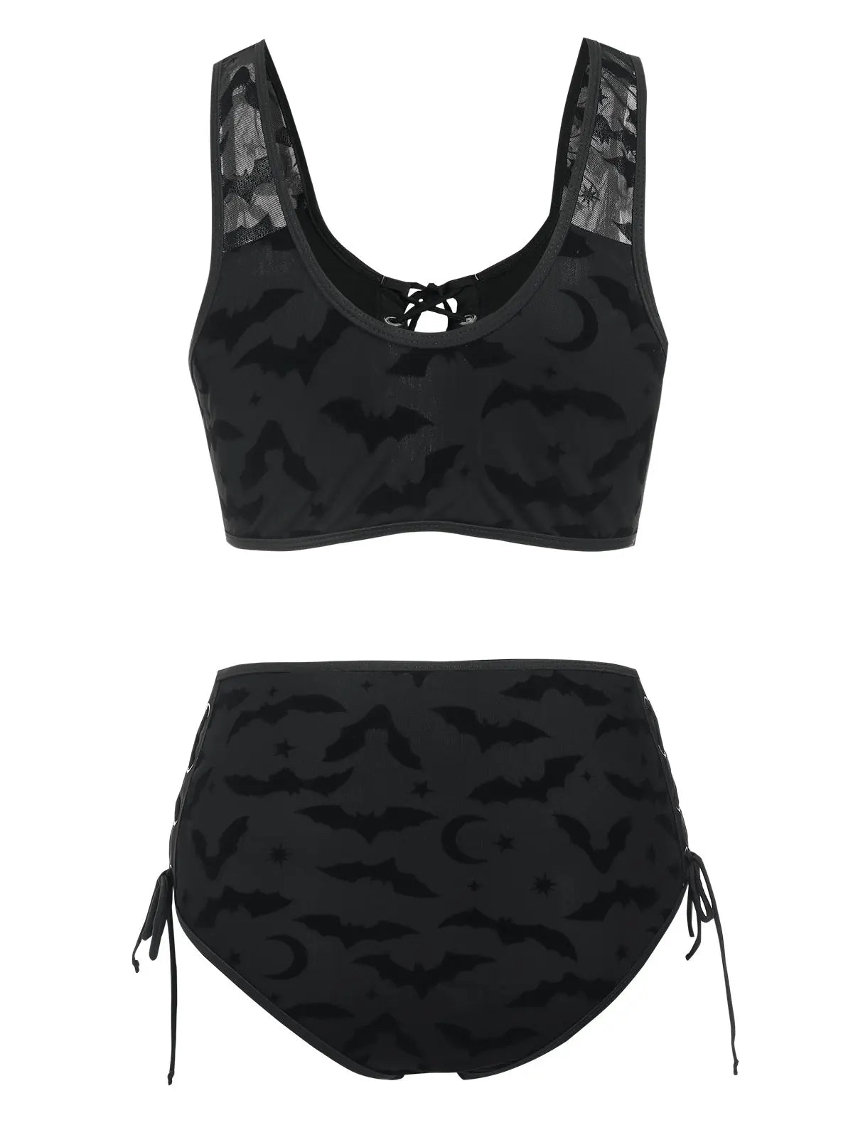 Gothic Black Mesh Bat Print Vintage Style Padded Bikini Swimwear Beachwear