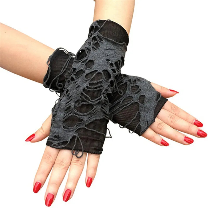 Gothic Fingerless Gloves Halloween Arm Warmers Black Ripped