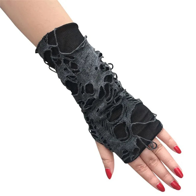 Gothic Fingerless Gloves Halloween Arm Warmers Black Ripped