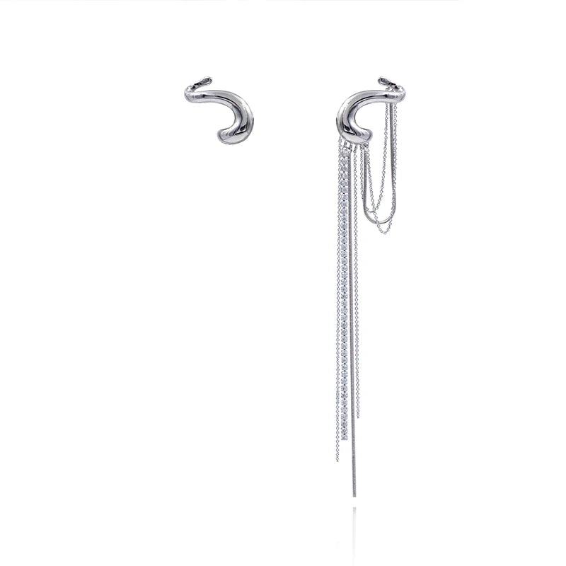 Silver Metal Punk Long Tassel Rhinestone Drop Chain Dangle Earrings Jewelry