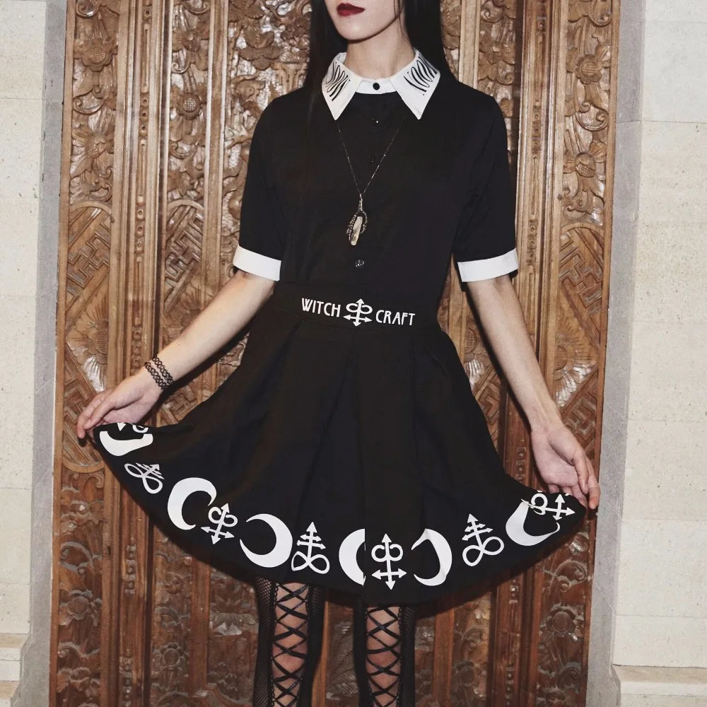 Punk Rock Gothic Black Witch Moon Print Skater Skirt