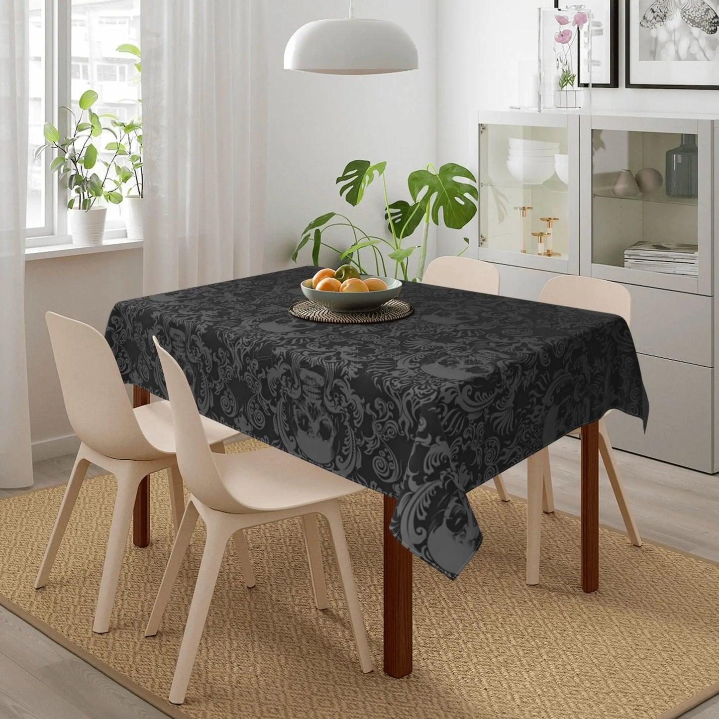 Gothic Skull Flower Black Rectangle Tablecloth Washable