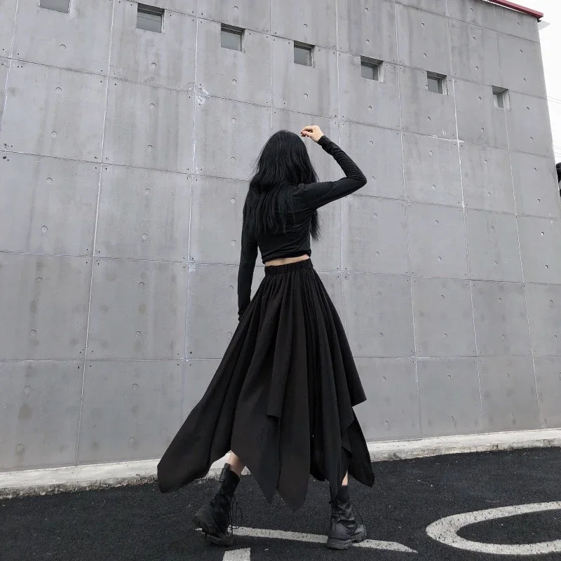 Long Black Punk Gothic Flared Irregular Hem Maxi Skirt