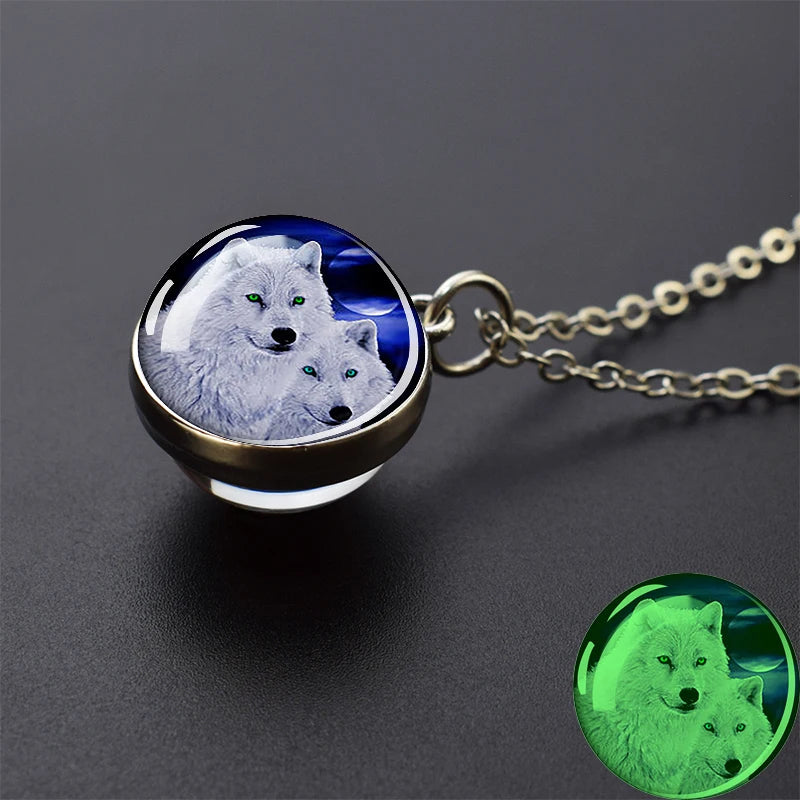 Glow in the Dark Wolf Necklaces Howling Wolf Head and Moon 2CM Glass Ball Pendant Double Sided
