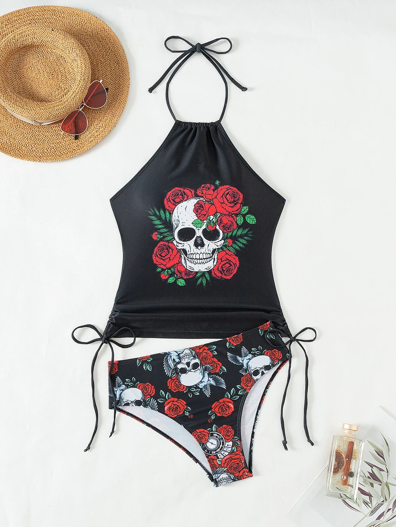 Sexy Gothic Skull Rose Print Bikini Swimsuit Beachwear