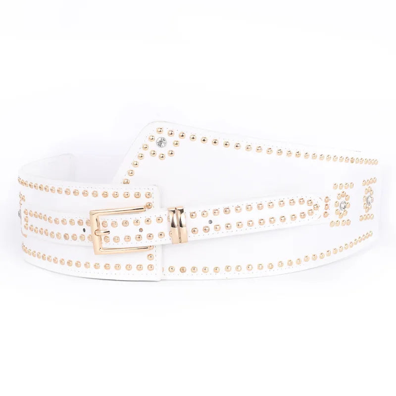 Gothic Studded Corset Waist Cincher Rivet Belts Stretch Elastic Wide Belts Dress Coat Red