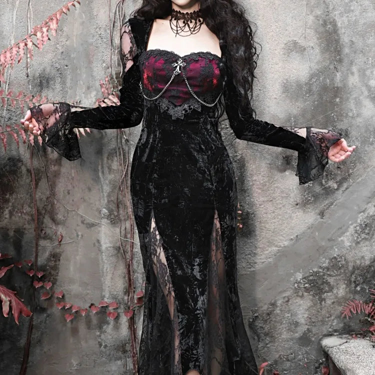 Sexy Victorian Gothic Fitted Black Velvet Lace Vampire Dress