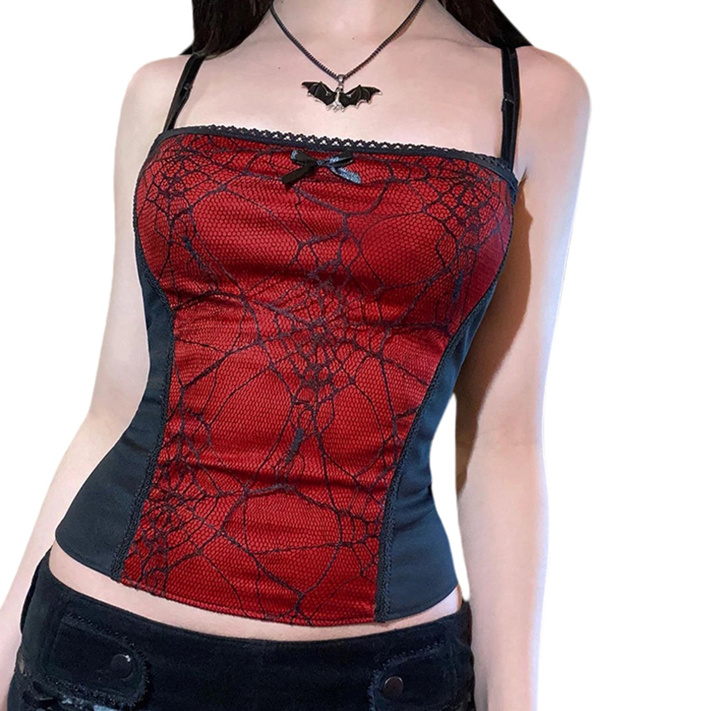 Gothic Cami Y2K Grunge Crop Top Mesh Spider Net Lace Vest