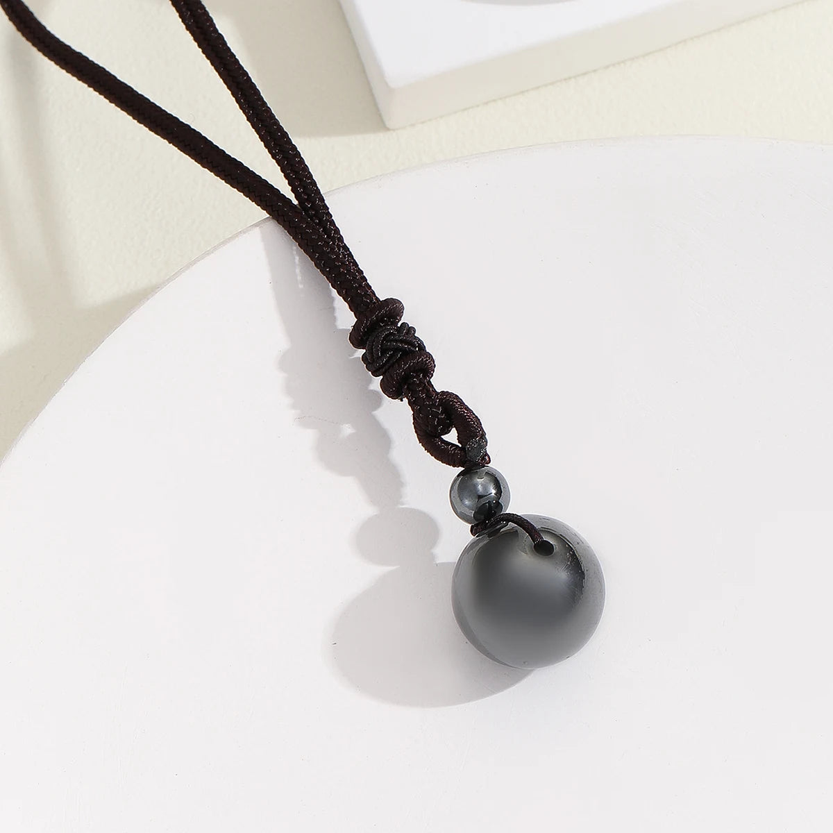 16 Mm Black Obsidian Tiger Eyes Amethyst Stone Necklaces with Adjustable Braided Rope Cords Natural Crystal Pendant