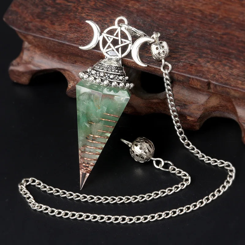 Natural Stone Crystal Reiki Pendulum Three Phases Moon Hexagonal Cone Amethysts Charms