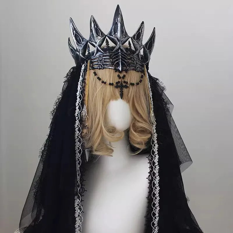 Gothic Queen Dark Crown Black Lace Veil Headdress Women Anime Accessories Cosplay Props Lolita Hair Accessories