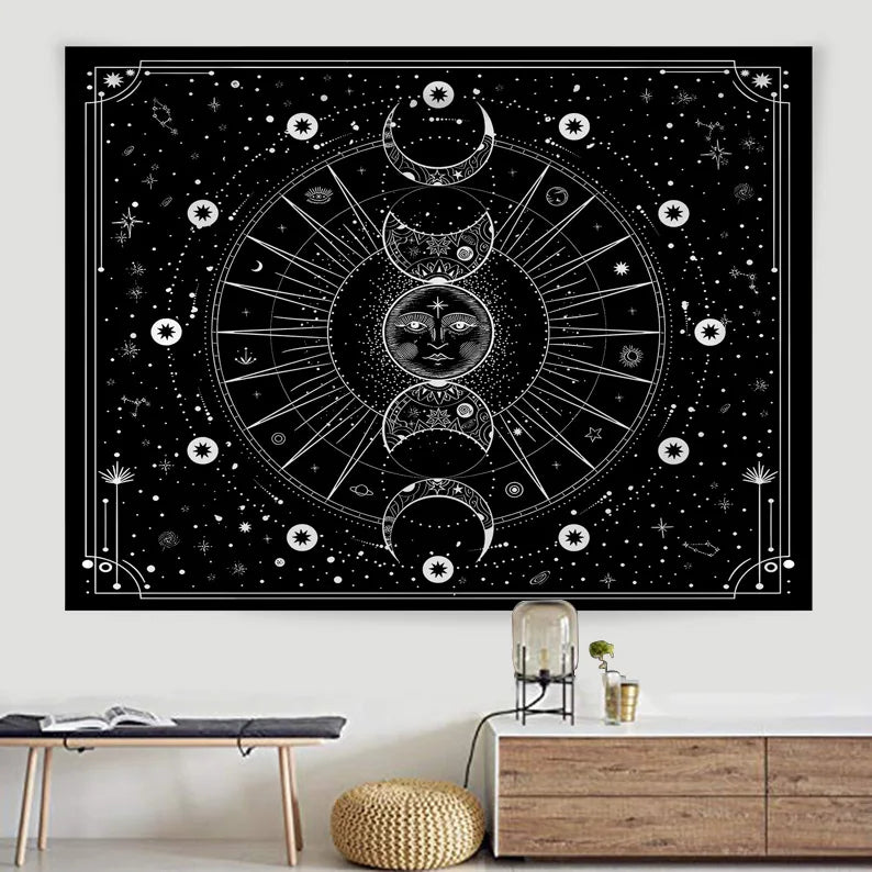 Pagan White Black Sun Moon Mandala Phase Wall Hanging Tapestry Moonlight Black Tapestries Boho Room Wall Home Decor