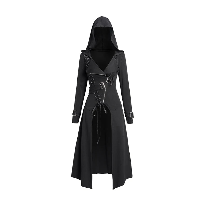 Long Black Hooded Coat Punk Gothic Lace Up Zip Longline Jacket