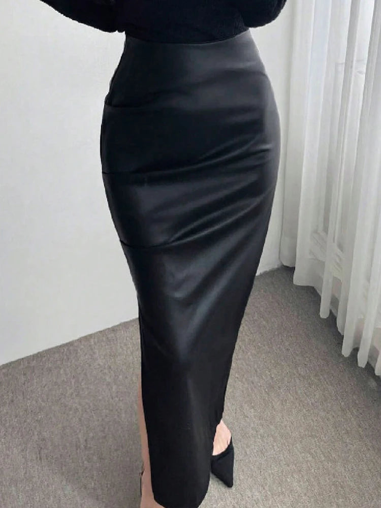 Long Black PU Leather Gothic Pencil Skirt