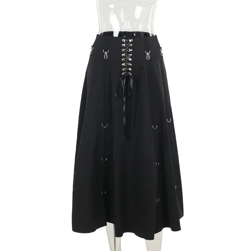 Alternative Punk Gothic Black Swing A-line Metal Buckle Skirt