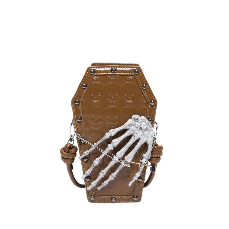 Punk Skull Shoulder Bag PU Leather Retro Gothic Cell Phone Purse Coffin Shape Handbag