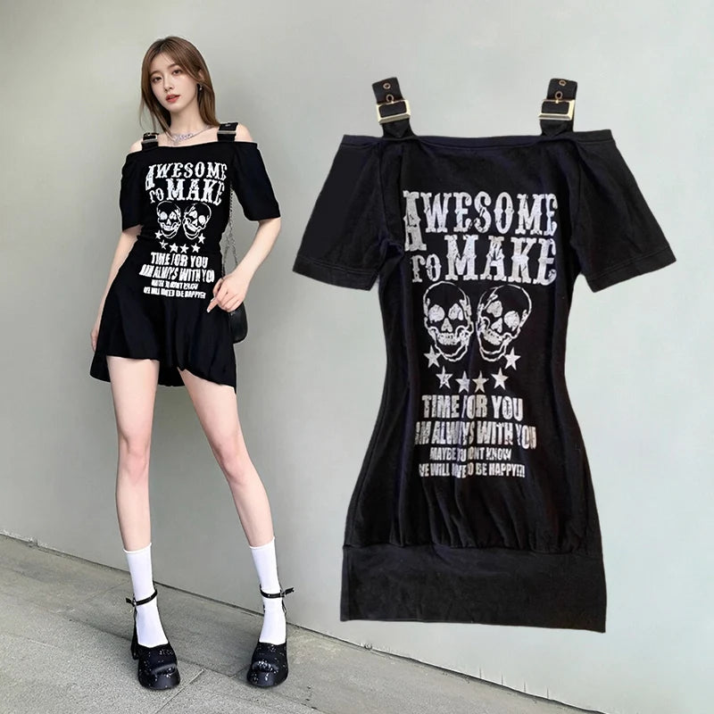 Gothic Black Skull Buckle Strap Mini Dress TShirt Long Top