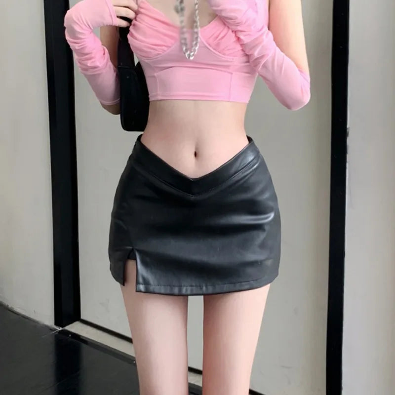 Sexy Black V Waist PU Leather Mini Skirt