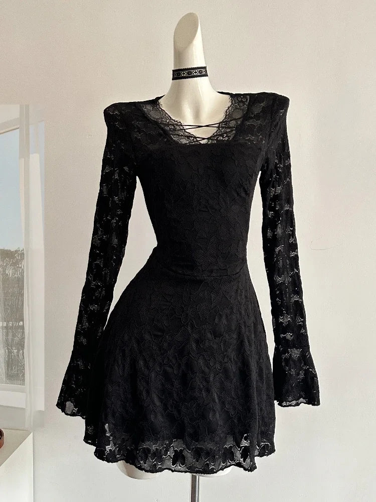 Gothic Black Lace Skater Dress