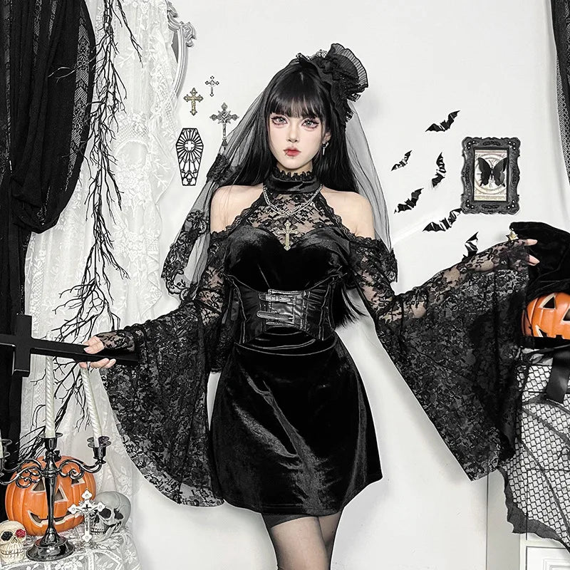 Sexy Black Gothic Velvet Lace Mini Dress