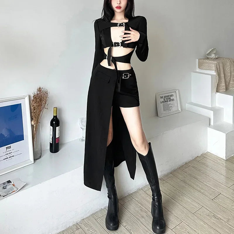 Sexy Gothic Black Long Punk Goth Slit Belt Skirt