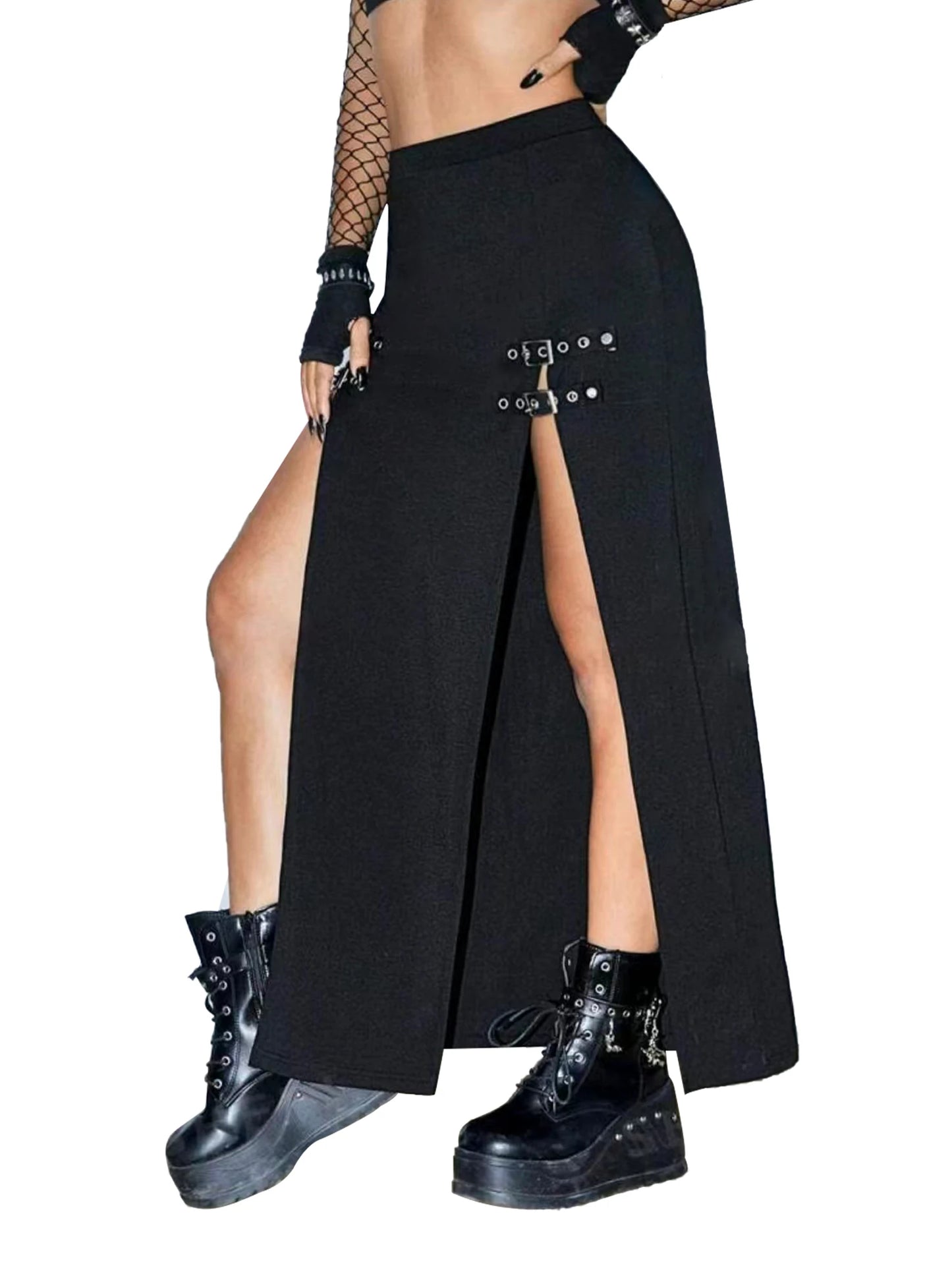 Sexy Long Black Punk Gothic Thigh Slit Buckle Skirt