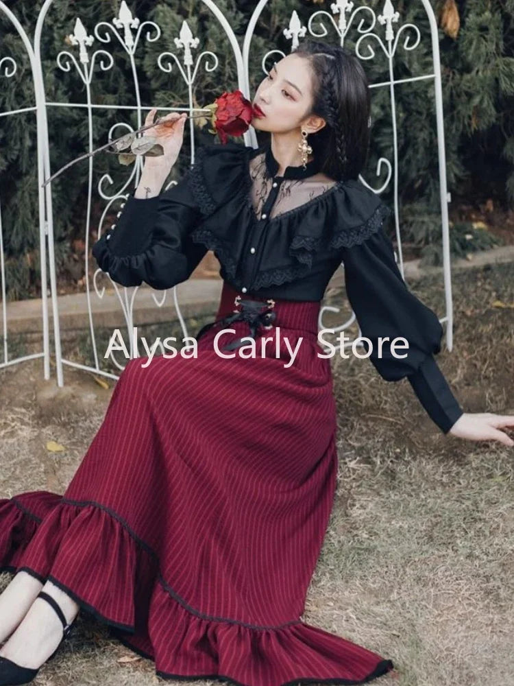Vintage Gothic Black Lace Ruffle Blouse, Lace-up Long Skirt Outfit