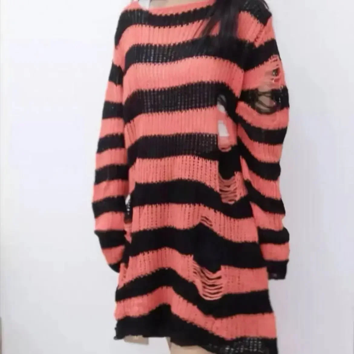 Punk Gothic Long Blue Black Gradient Striped Ripped Jumper Loose Knit Sweater