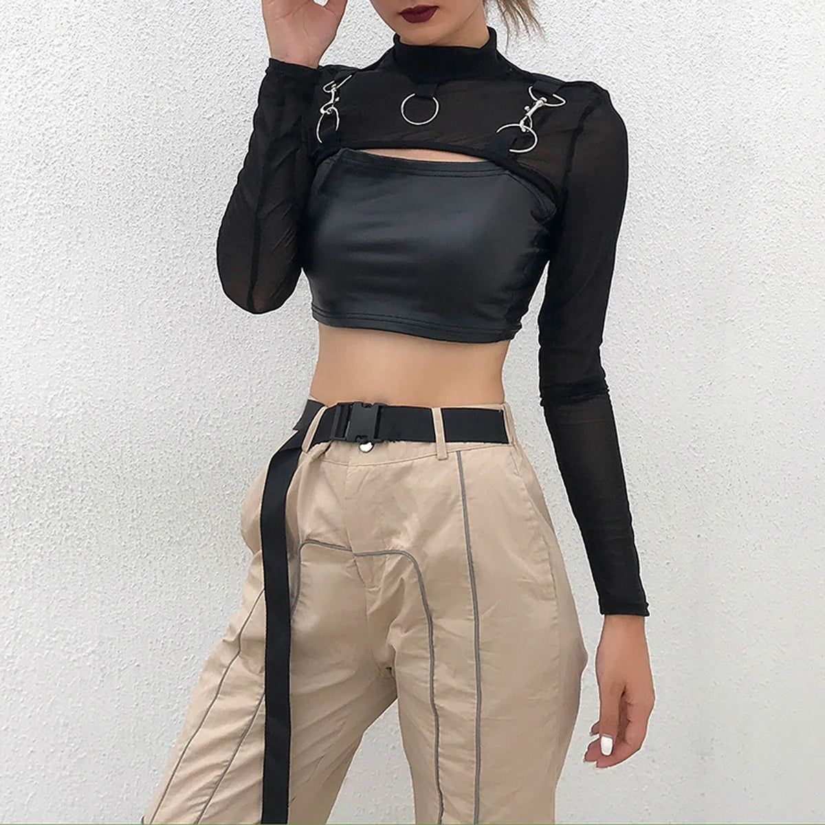 Sexy Black Gothic Metal Ring Mesh Sheer Shoulder Top