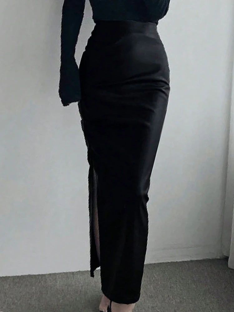 Long Black PU Leather Gothic Pencil Skirt