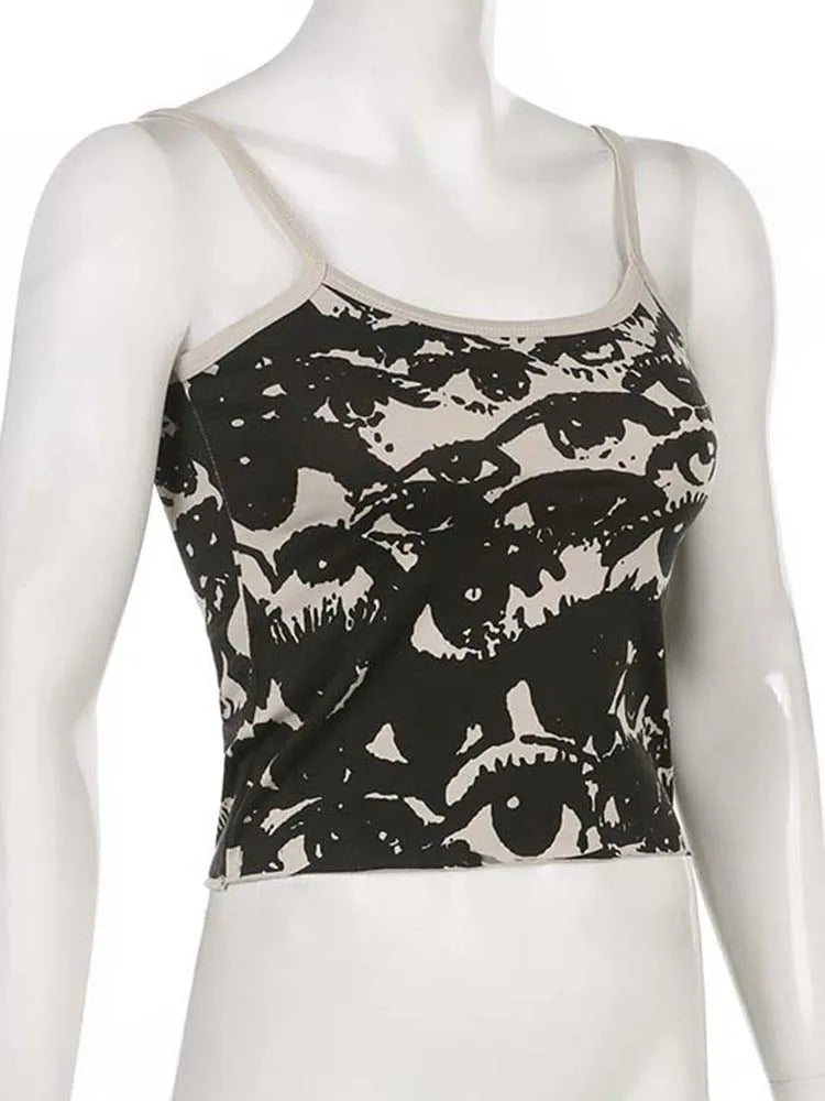 Gothic Eye Print White Stretch Camisole Tshirt Vest Top