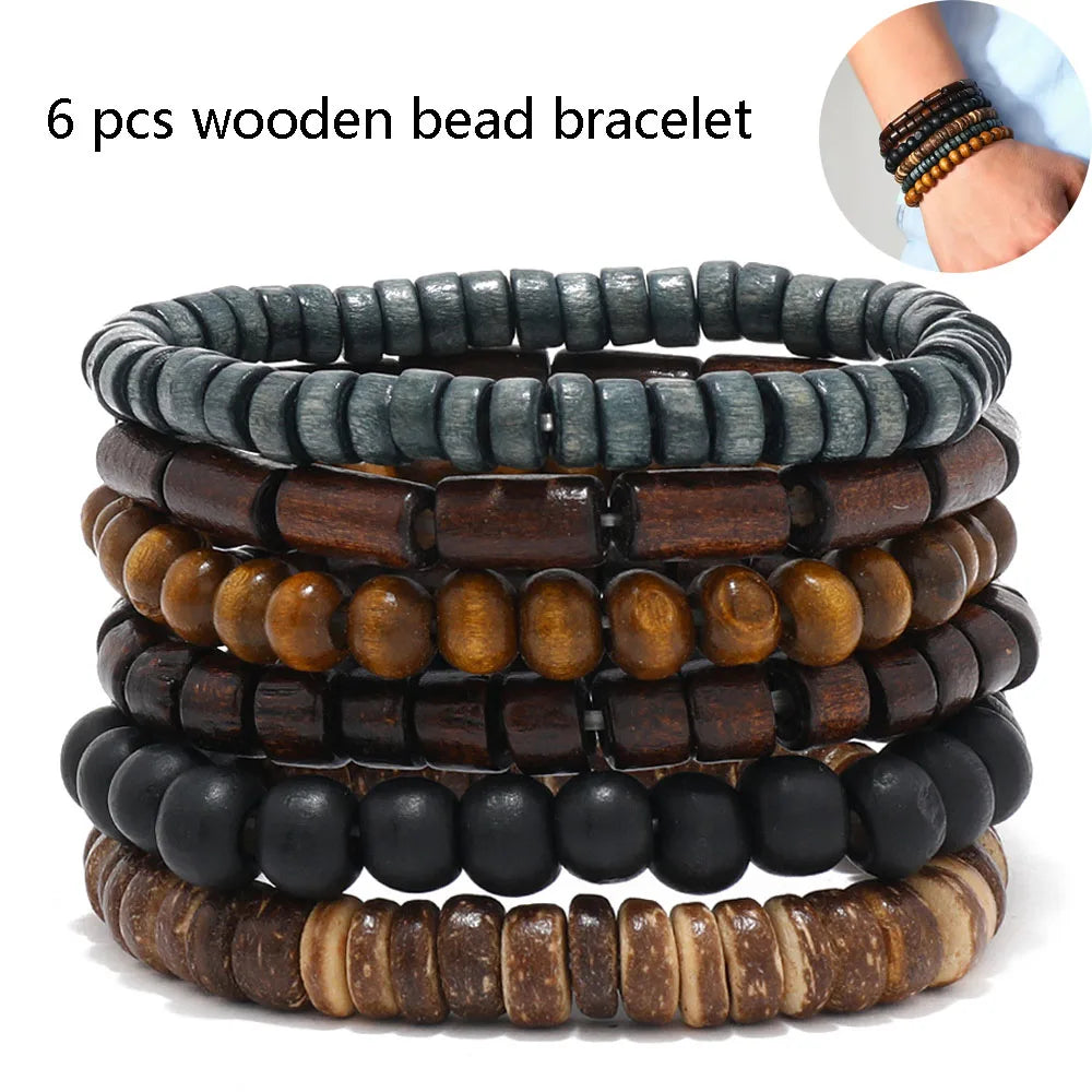 6pcs/set Fashion Men's Hand-beaded Bracelet Vintage Style Multi-layer Stretch Wood Bead Shell Charm Bracelet