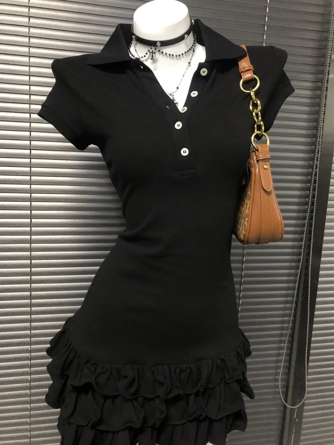 Punk Gothic Black Sexy Polo Shirt Mini Dress