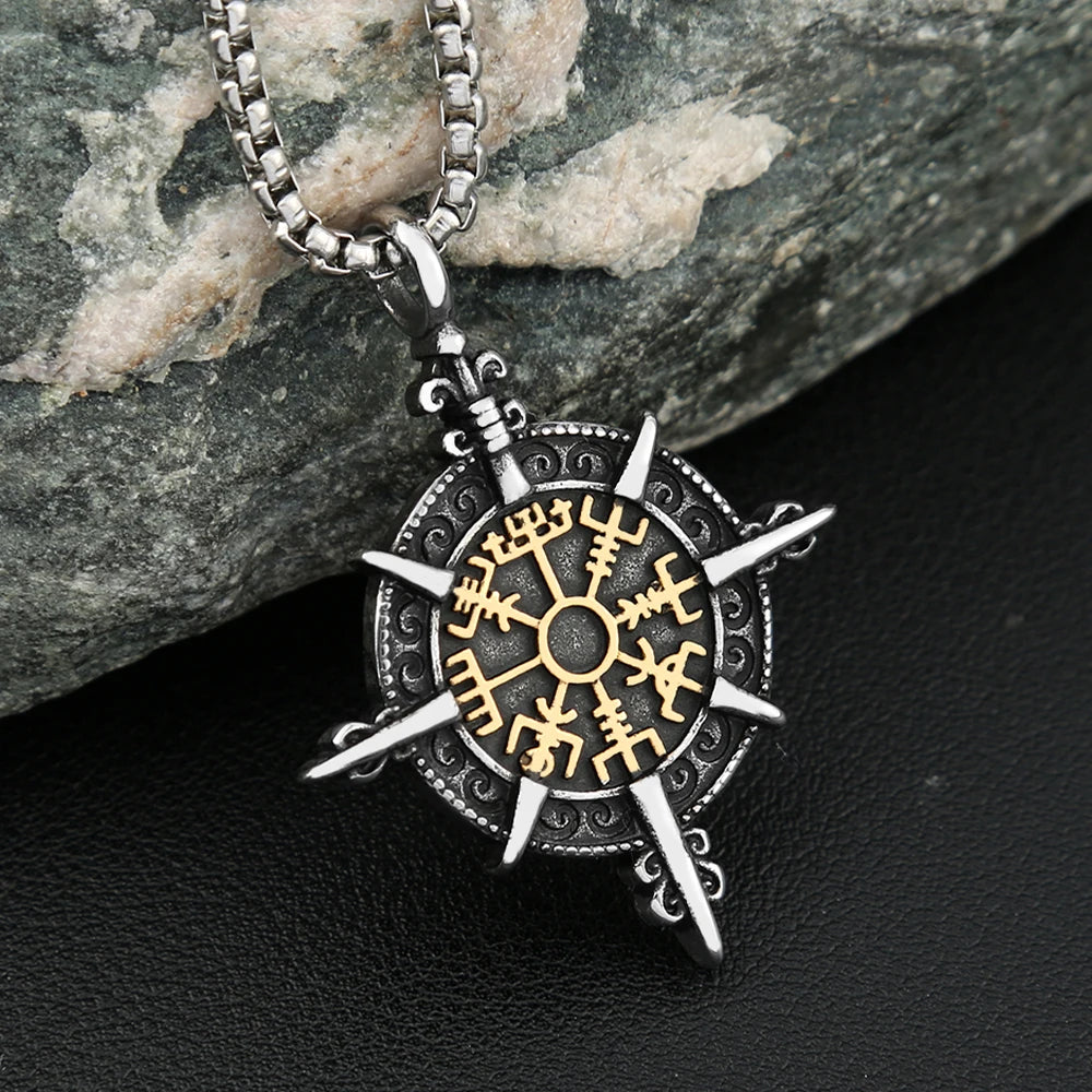 Vintage Viking Vegvisir Compass Pendant Necklaces For Men Stainless Steel Nordic Amulet Necklace