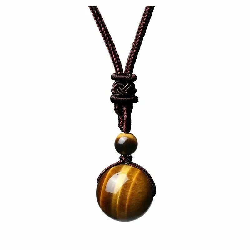 16 Mm Black Obsidian Tiger Eyes Amethyst Stone Necklaces with Adjustable Braided Rope Cords Natural Crystal Pendant