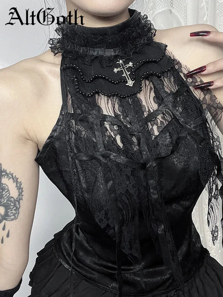 Victorian Gothic Black Lace Ribbon Vest Halter Top