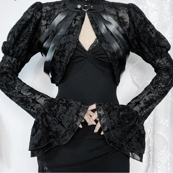 Lace Mesh Flared Long Sleeve Shrug Vintage Black See Through Cover-ups Coat Gothic Crop Top Sexy Y2K Goth Clothes Bolero Tops