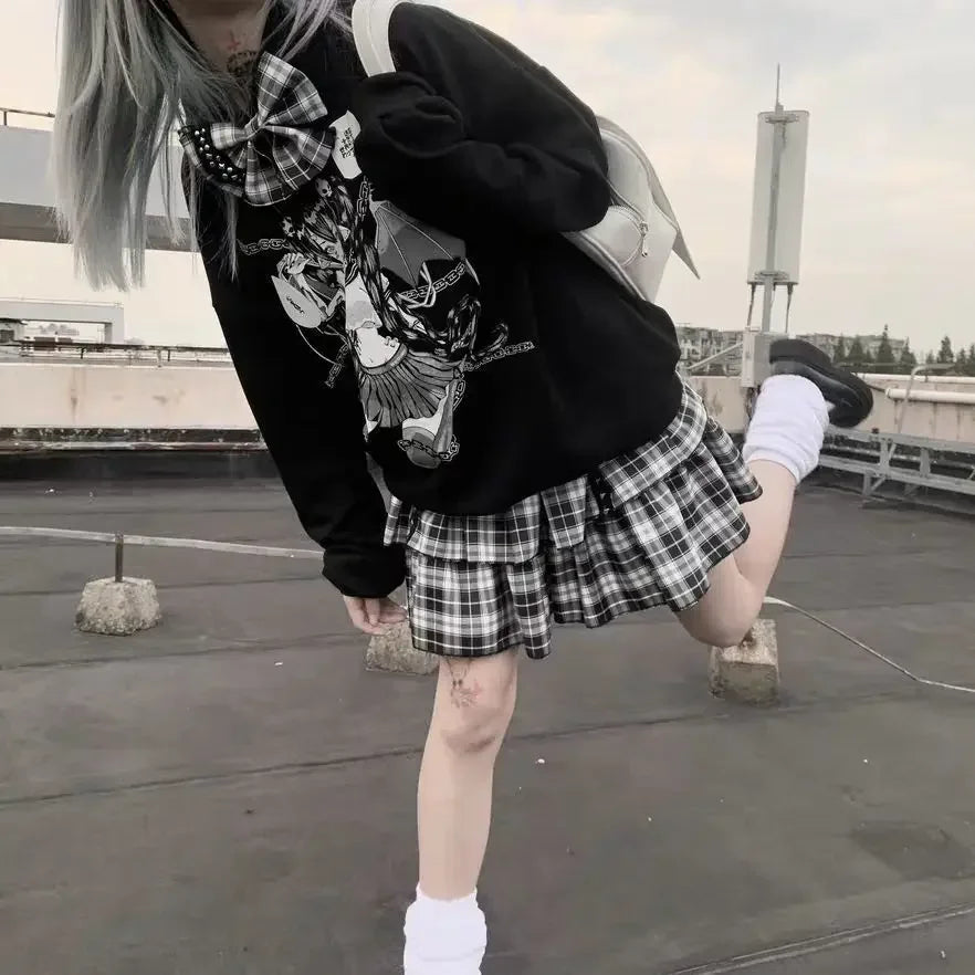 Punk Plaid Ruffle Skirt White Black Check Short Mini