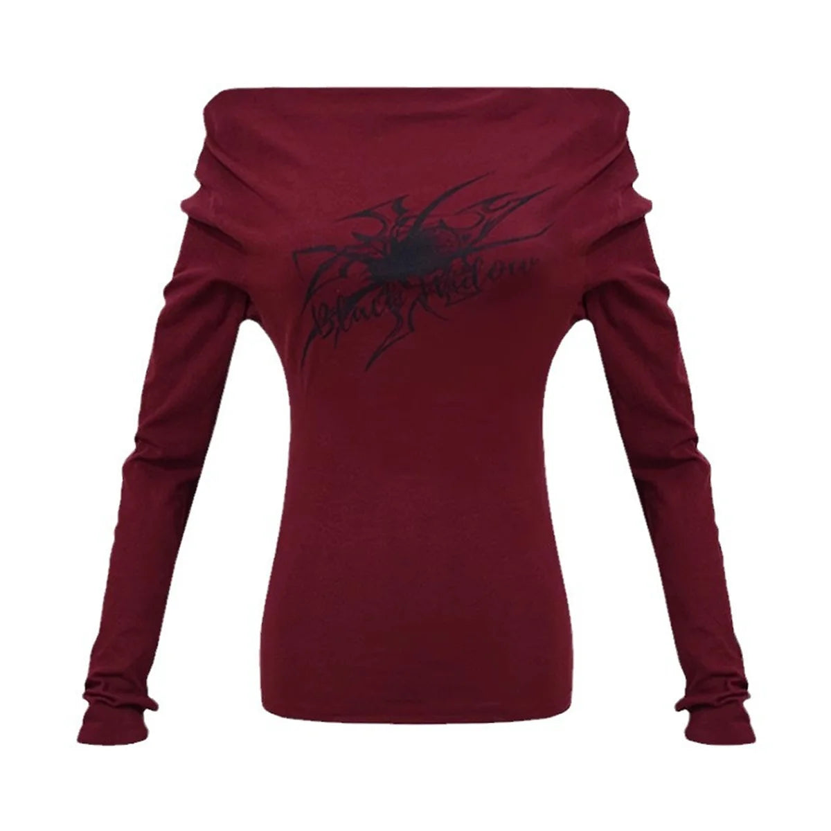 Grunge Burgundy Red Gothic Print Y2K Off Shoulder Top