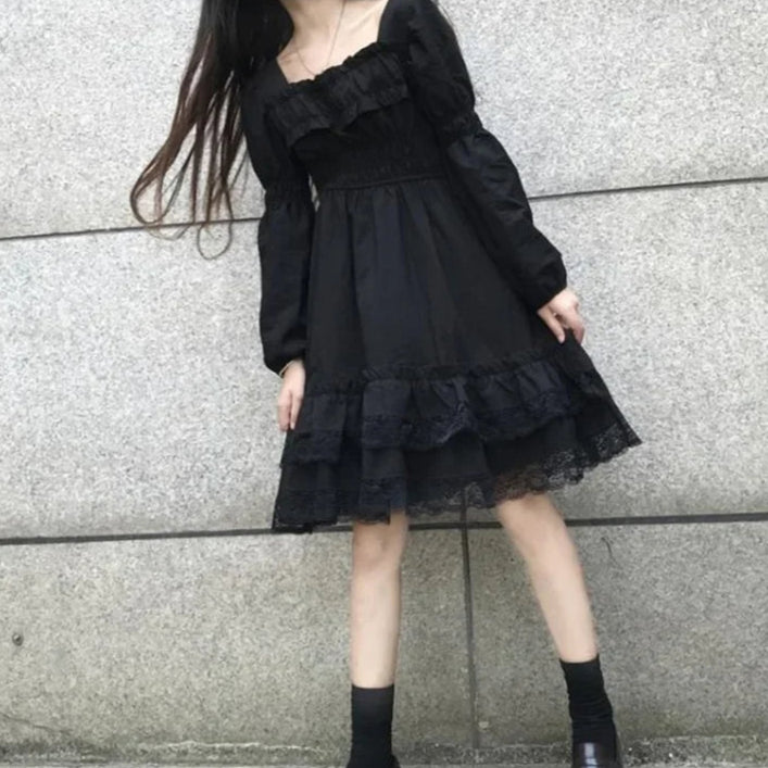Gothic Black Lace Ruffle Dress