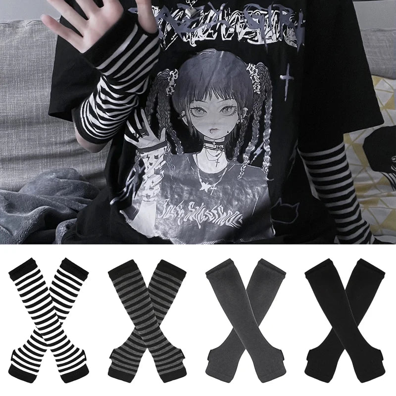Black White Striped Arm Warmers Emo Punk Long Fingerless Gloves