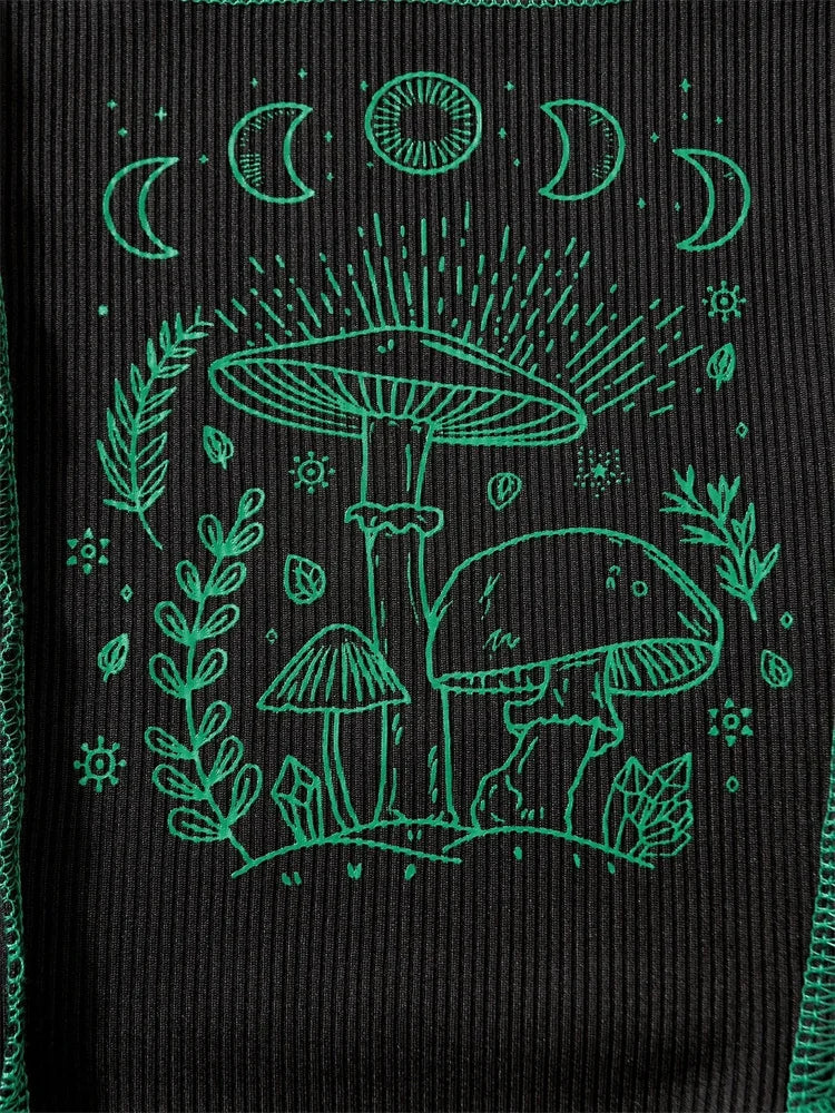 Grunge Pagan Moon Phases Mushroom Print Y2K Crop Tank Top