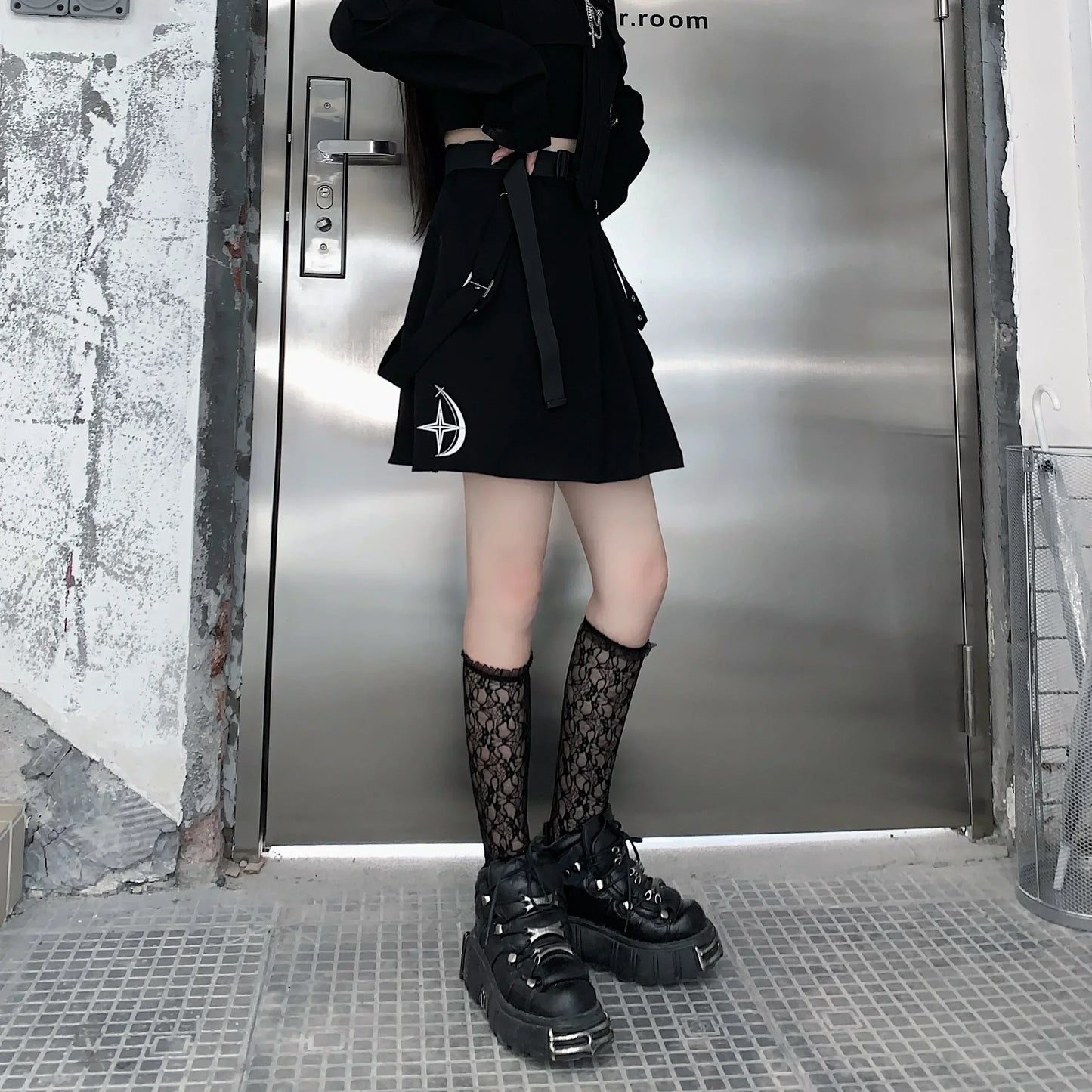 Alternative Gothic Punk Suit 2 Piece Black Cargo Utility Skirt and Shirt with Tie