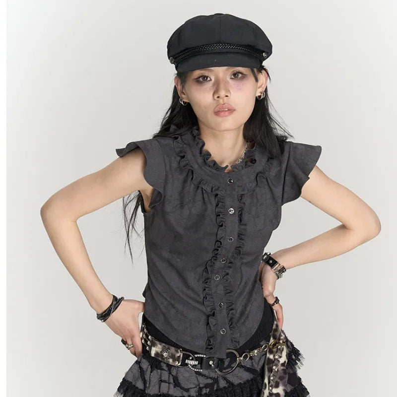 Victorian Gothic Fitted Short Sleeve Blouse