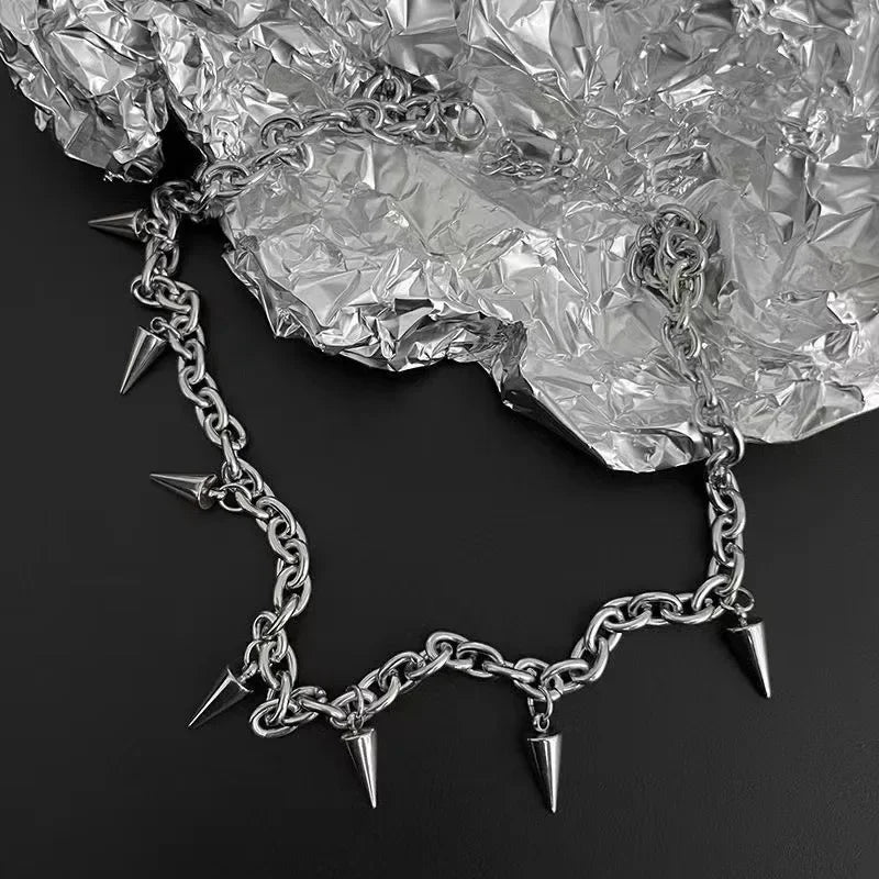 Punk Hip Hop Metal Rivet Pointed Choker Necklace Gothic Silver Chain