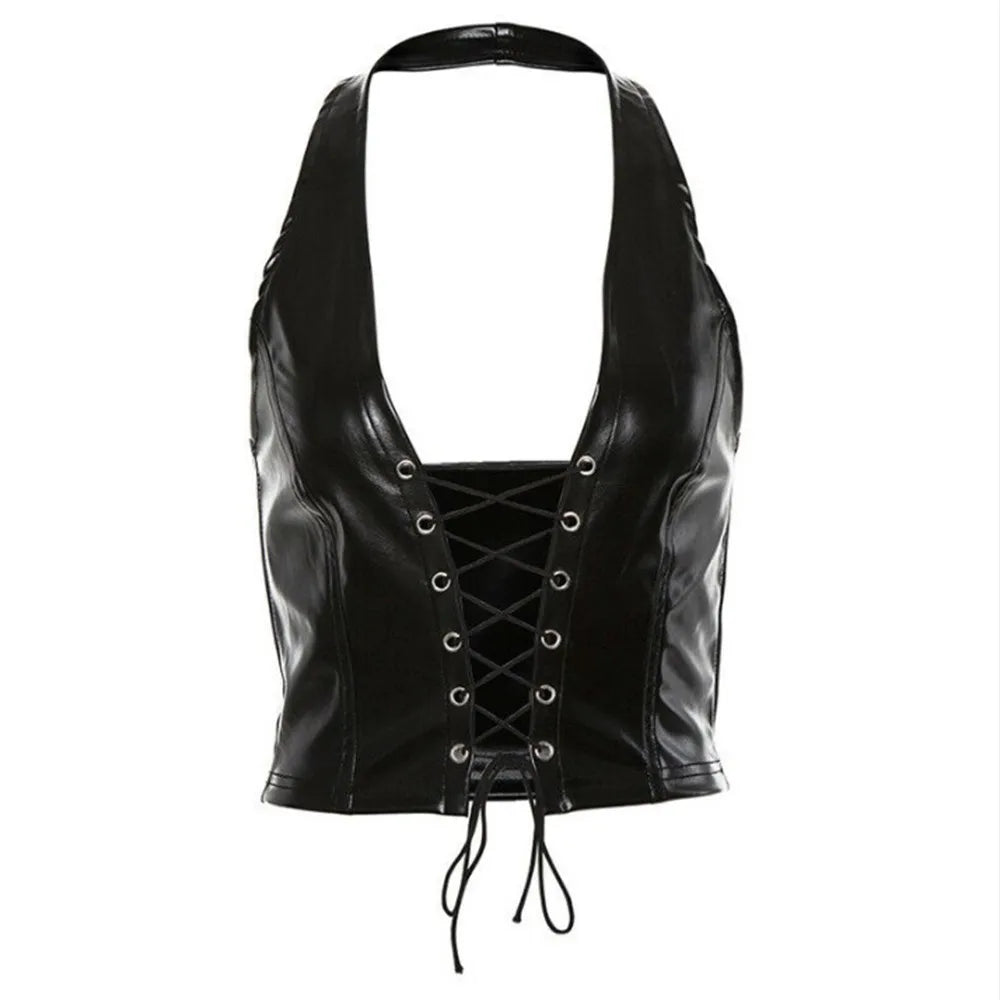 Sexy Lingerie Gothic Patent Leather Lace-Up Halter Vest Corset Top