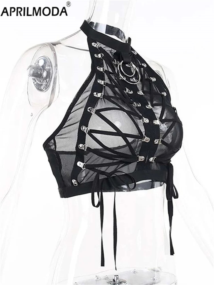 Sexy Punk Gothic Halter Sheer Buckle Mesh Backless Lace up Crop Top