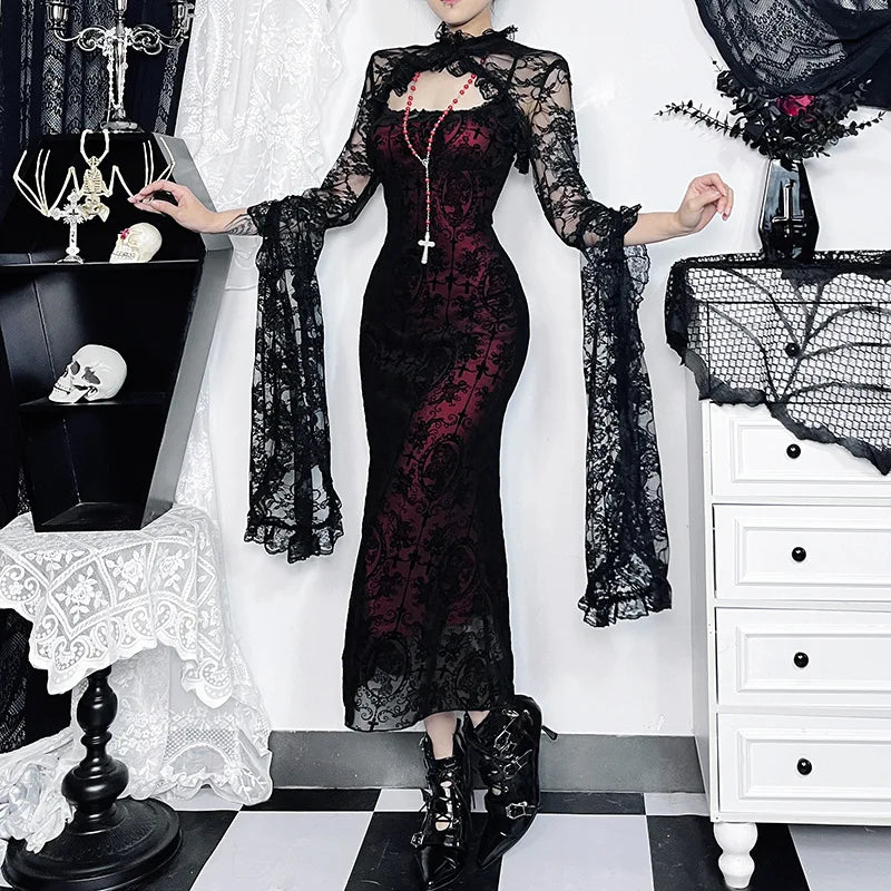 Gothic Black Red Lace Sexy Long Fishtail Dress