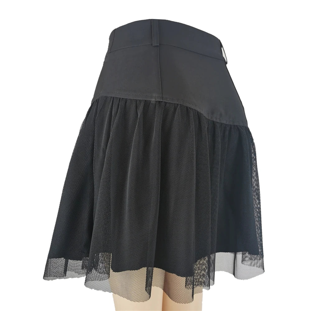 Black Punk Gothic Pleated Net Tulle Pockets Skirt